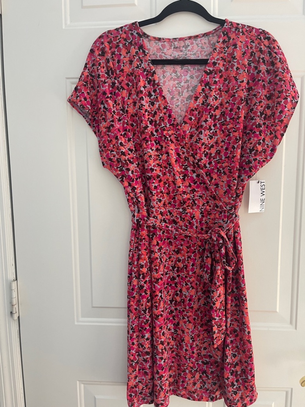 Nine West Pink Multi-Print Wrap-Style Midi Dress